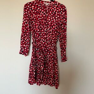 Free Assembly Red Multicolor Print Dress XS Tie Waist Long Sleeve
